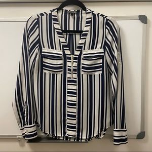 XXS express v-neck zip up business striped shirt blue and white